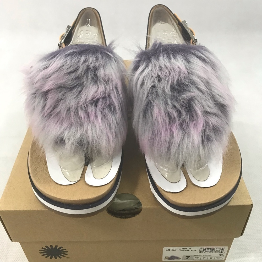 UGG Holly Lamb Fur Fluffy Leather Sandal 7 NEW